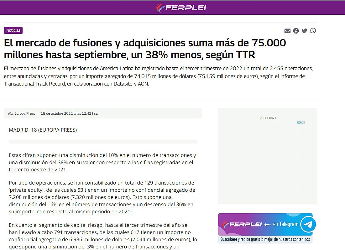 El mercado de fusiones y adquisiciones suma ms de 75.000 millones hasta septiembre, un 38% menos, segn TTR